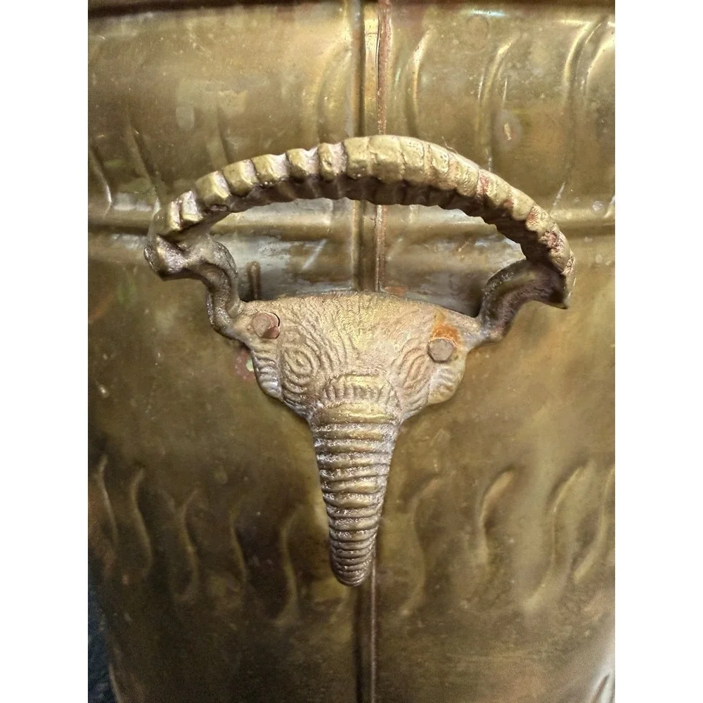 Vtg Brass Cachepot Jardiniere 4 Lion Elephant Head Ring Handles Planter 9